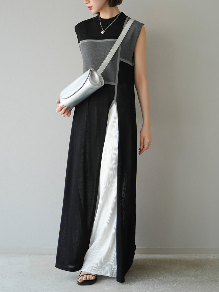 [SET] 配色開衩針織洋裝 + 波浪滾邊休閒褲 (2件套)