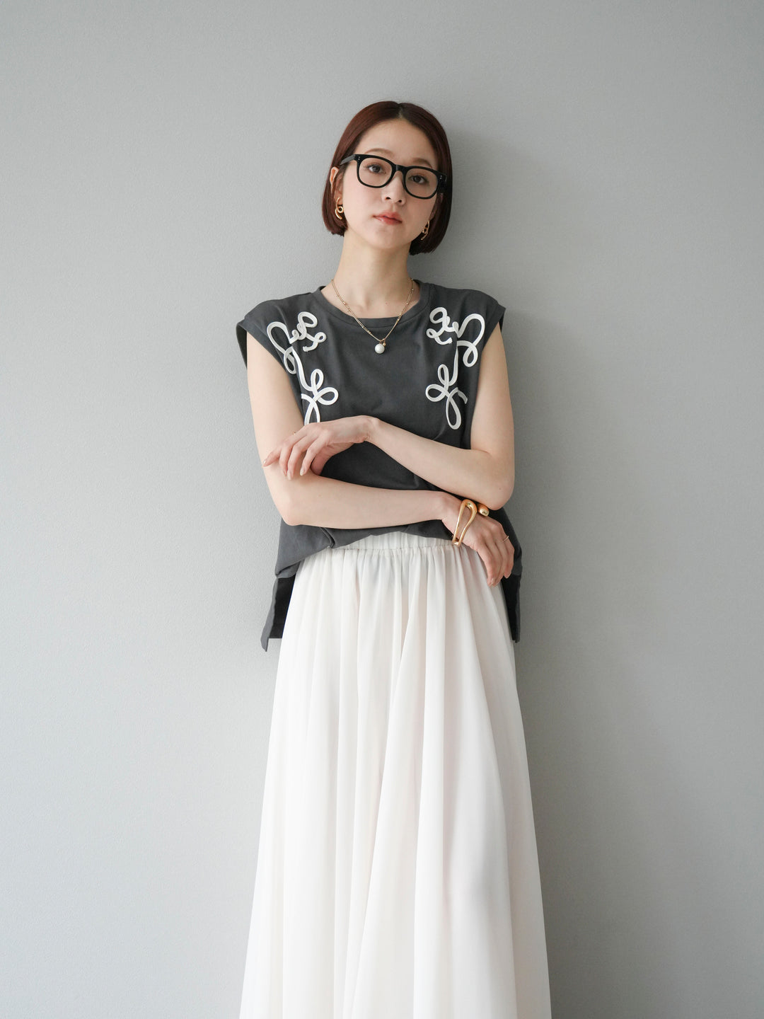 [SET] 繩繡法式袖T卹+雪紡喇叭裙（2件組）