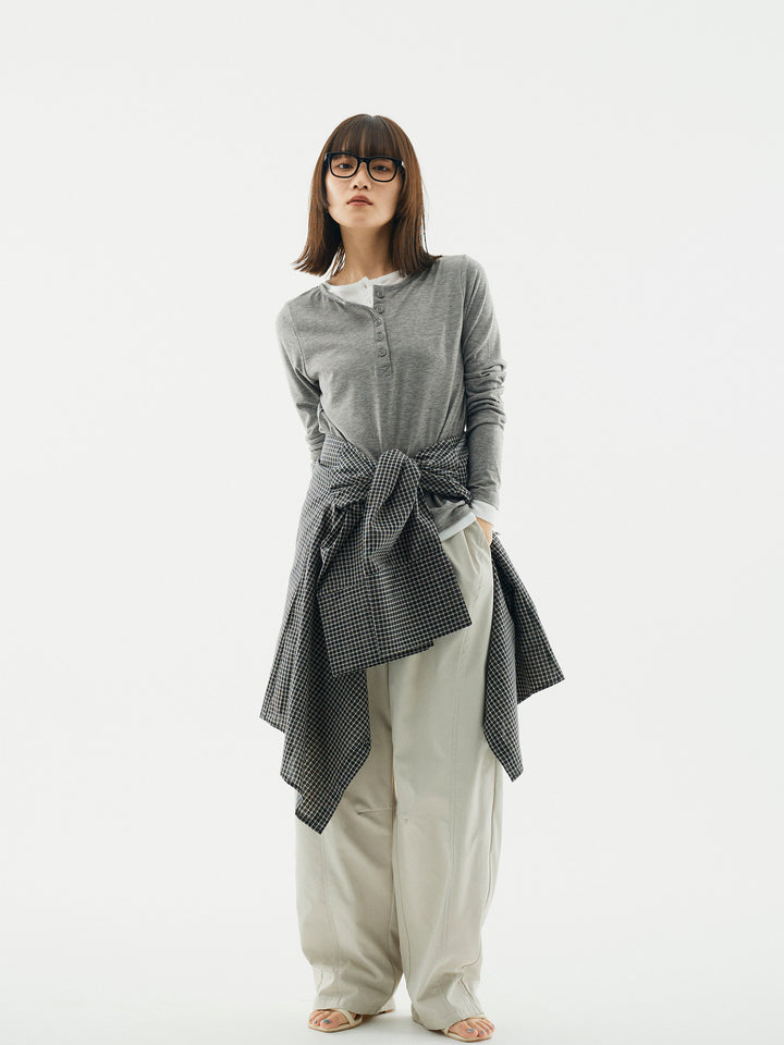 【Allure】[SET]配色レイヤードヘンリーネックトップス+タフタワイドカーブパンツ(2set)