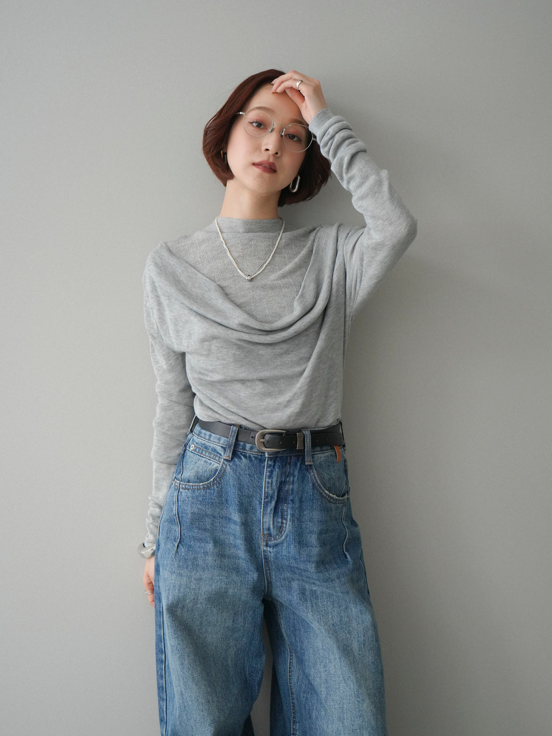 [予約]ボトルネックドレープレイヤードニットトップス/gray