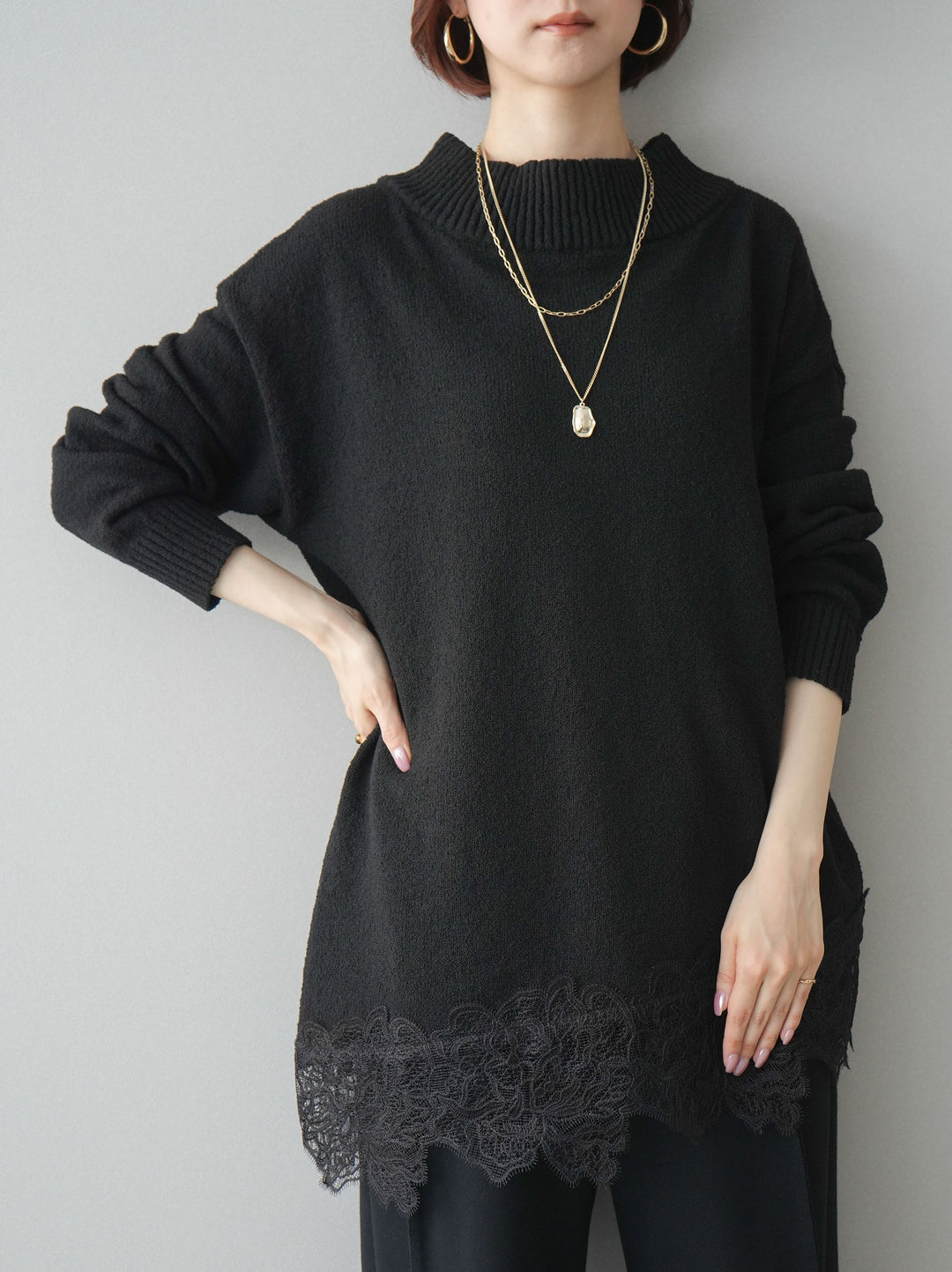 [SET]アシンメトリーレースヘムニットプルオーバー+2WAYデザインスウェットパンツ(2set)