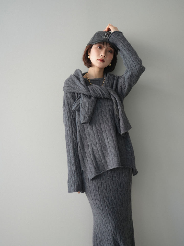 [SET]ストール付ケーブルニットプルオーバー&ロングスカートSET UP+選べるアクセセット(2set)