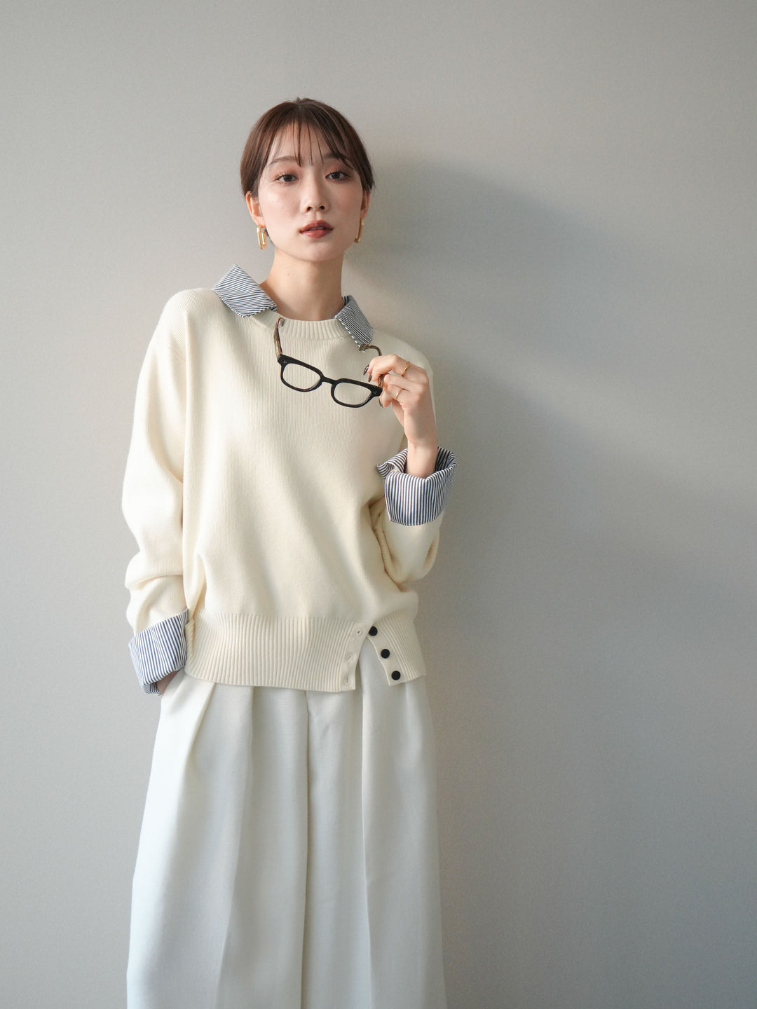 [SET]シャツドッキングデザイン裾ボタンニットプルオーバー+選べるアクセセット(2set)