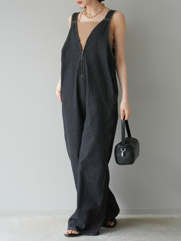 [予約]フロントZIP Vネックデニムサロペット/ブラック