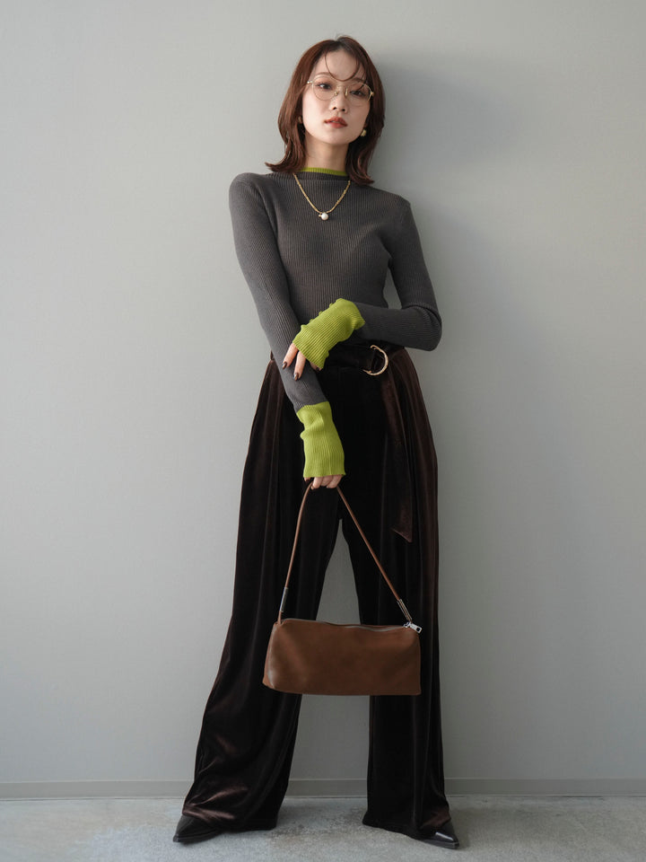 [SET]袖ボタンハイネック配色リブニットトップス+ベロアベルトスリムパンツ(2set)