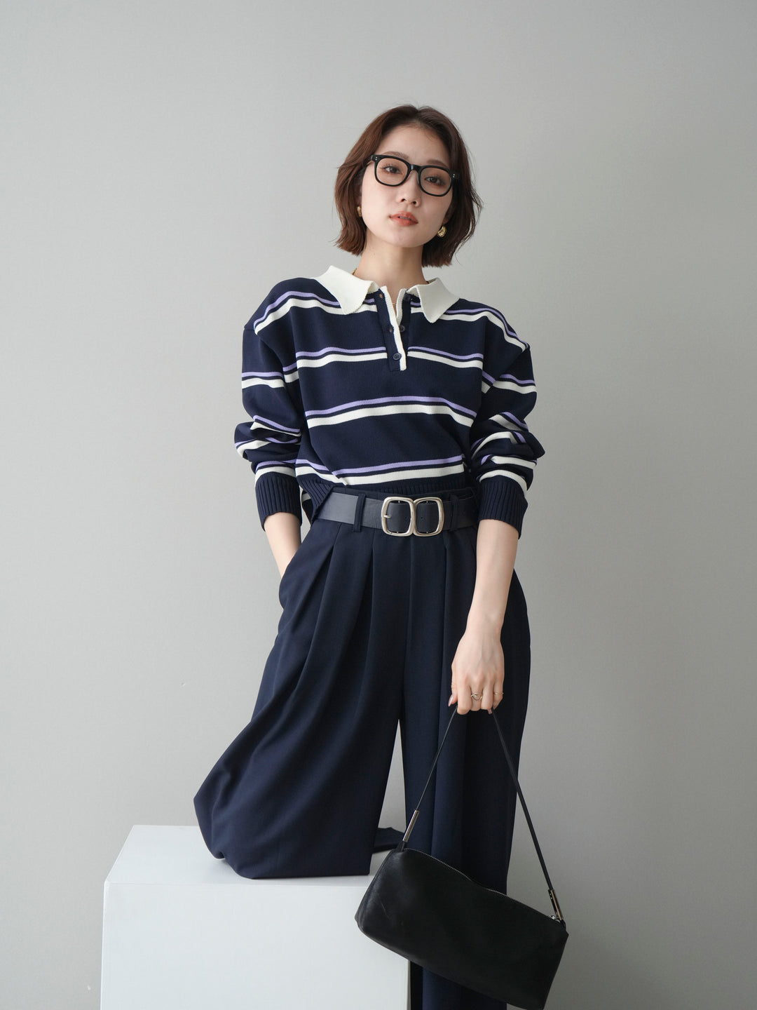 [予約]マルチボーダーポロニットトップス/navy