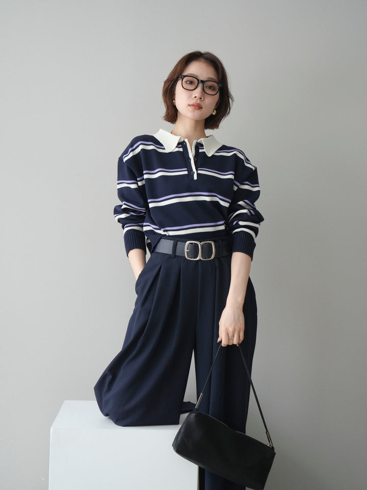 [予約]マルチボーダーポロニットトップス/navy