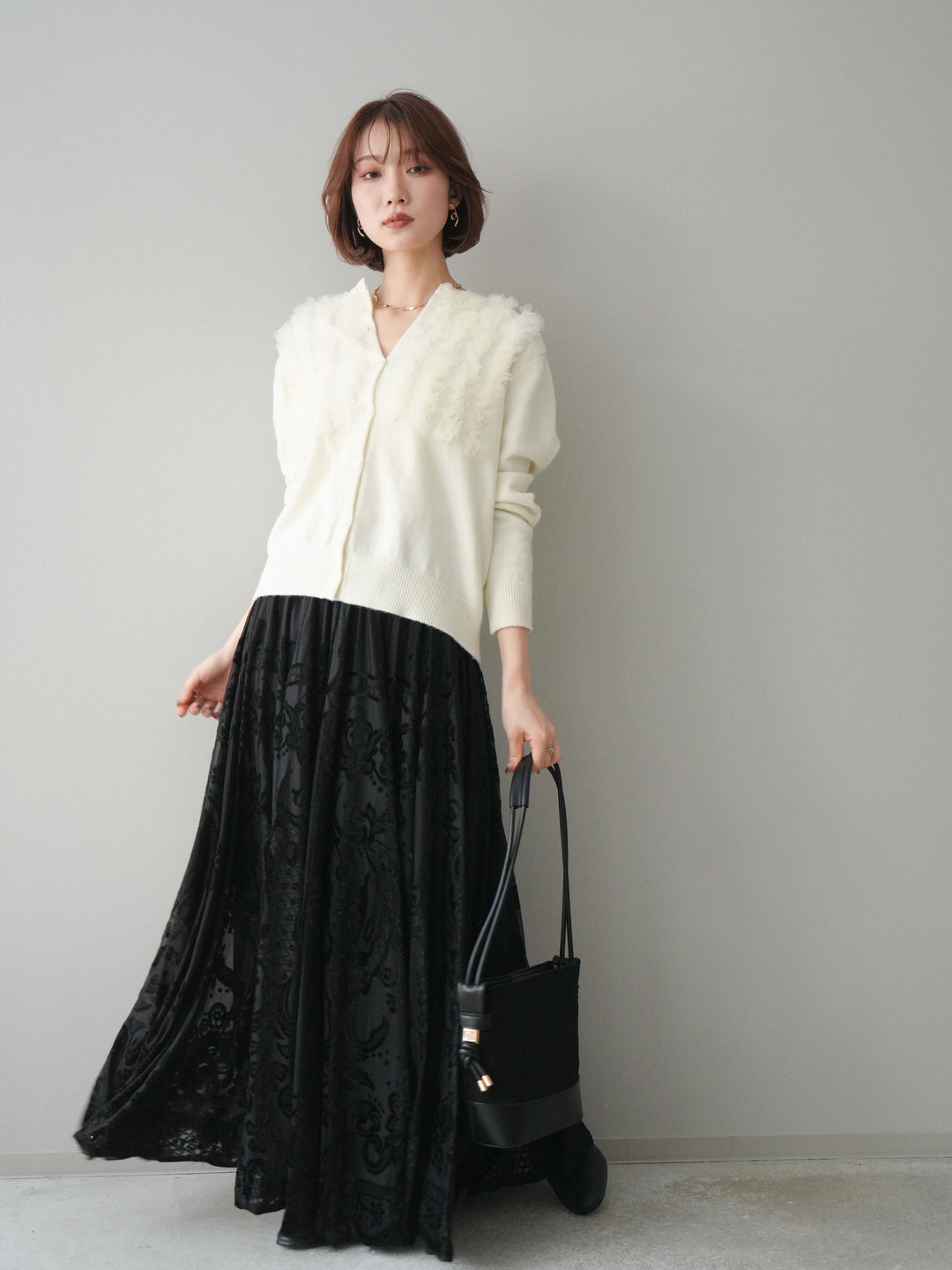 [SET]チュールフリルニットカーディガン+アンティーク柄フロッキーマキシスカート(2set)