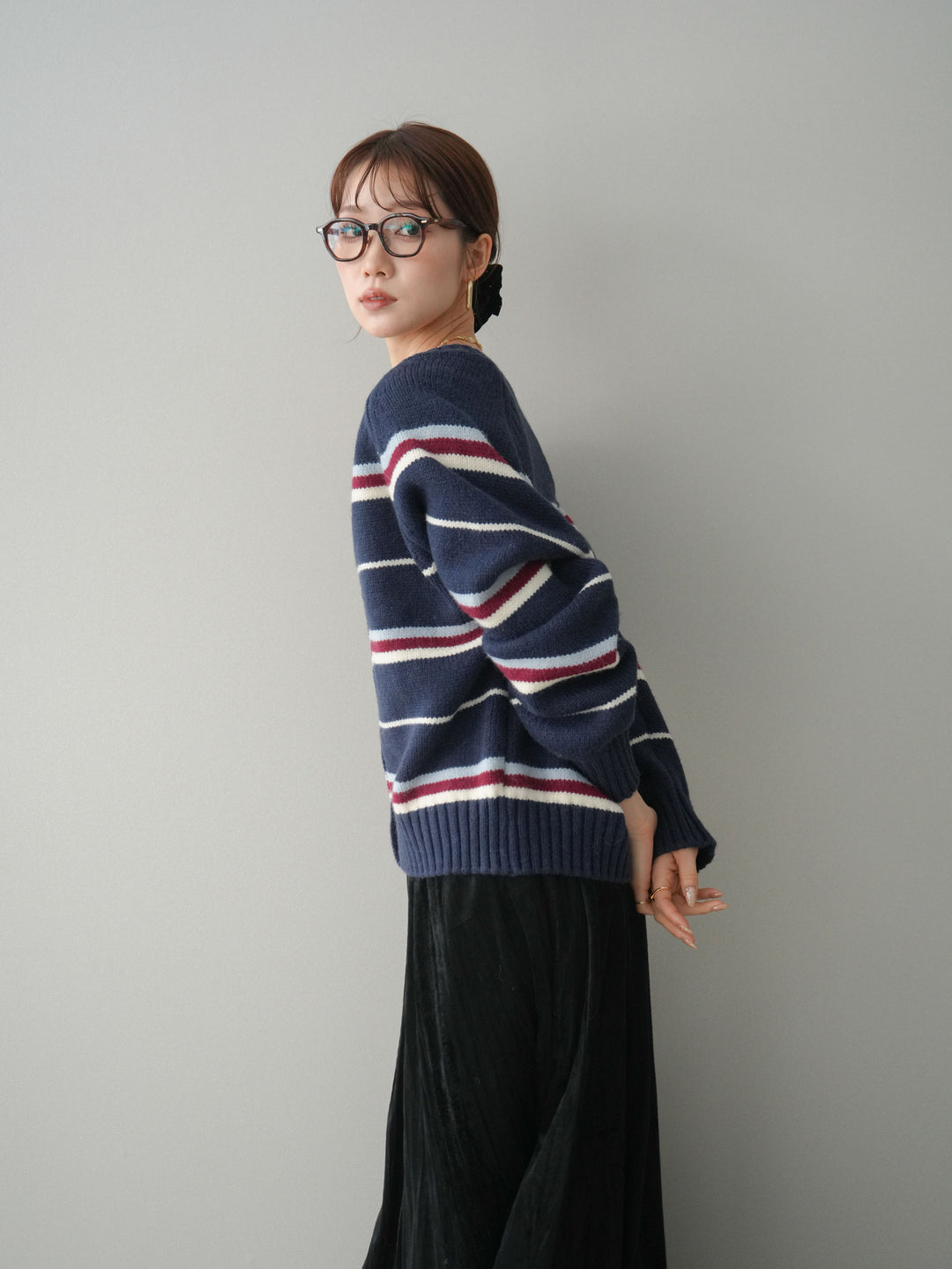 [予約]ランダムボーダーニットカーディガン/navy