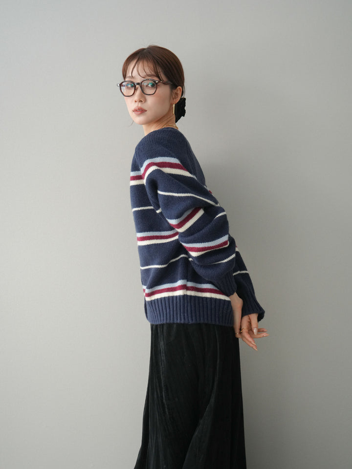 [予約]ランダムボーダーニットカーディガン/navy