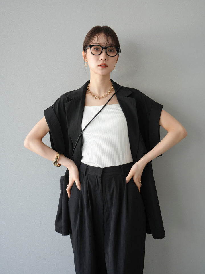 [套裝] 亞麻風格無袖雙背心 + 雙肩帶剪裁羅紋胸罩吊帶背心（2 件套）