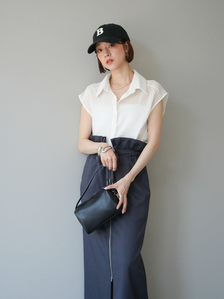 [SET]シアーチェックノースリーブシャツ+ヘザーエステルギャザージップスカート(2set)