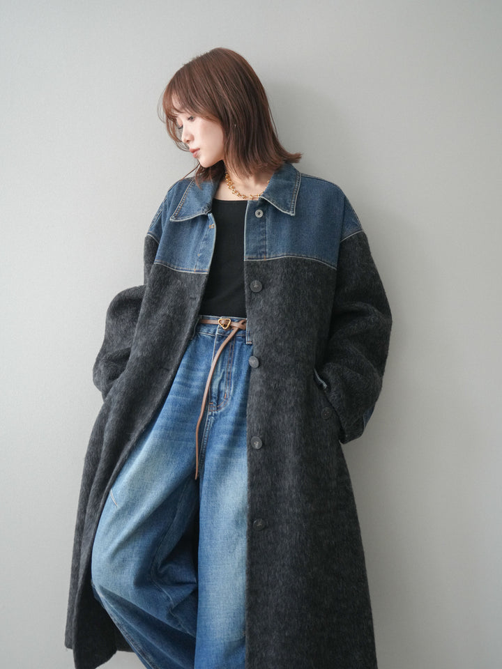 [予約]デニム切替シャギーステンカラーコート/charcoal
