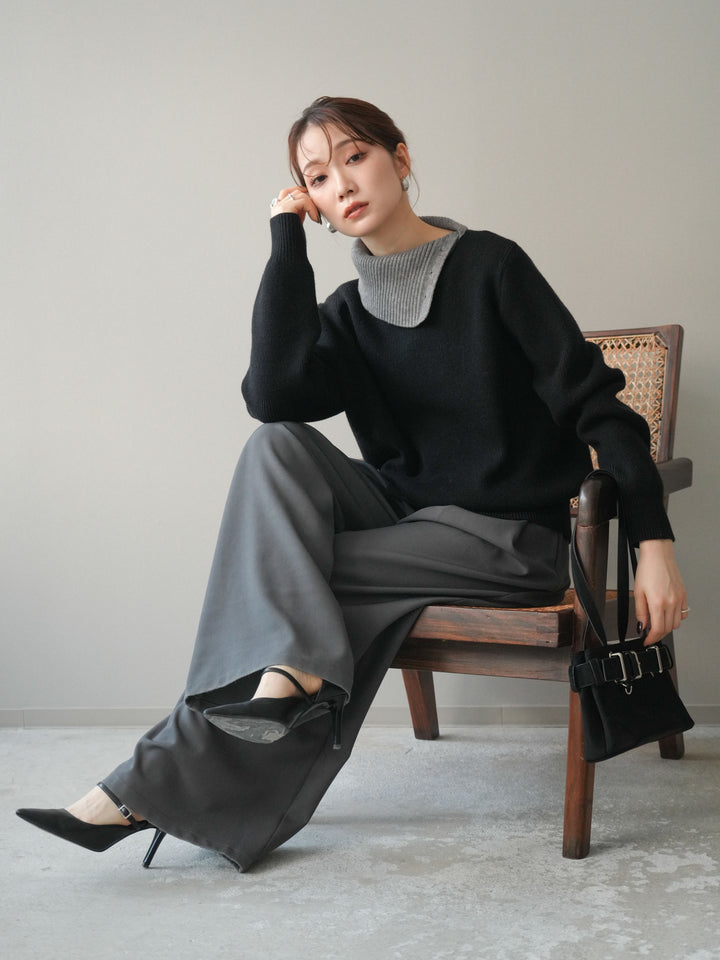 [予約]デザインネックバイカラーニットプルオーバー/black