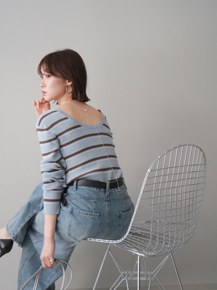 [予約]バックオープンテレコリブマルチボーダートップス/blue