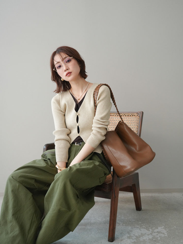 [予約]Vネック配色レイヤードスリットニットトップス/beige