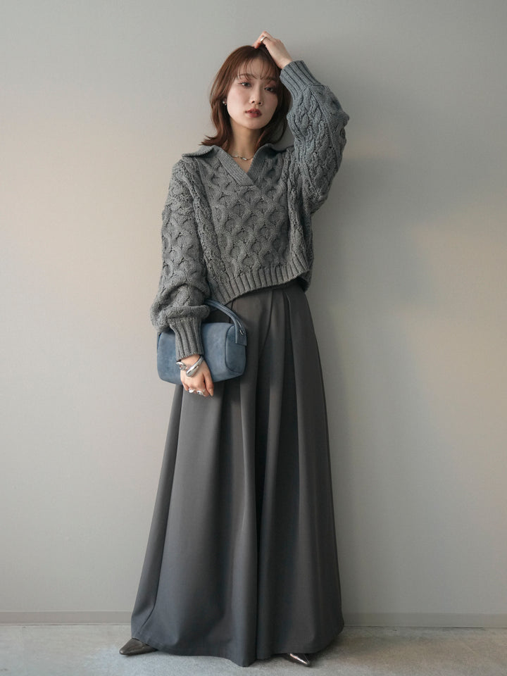 [SET]バルキーケーブルクロップド開襟プルオーバー+テープベルトタックバギーパンツ(2set)