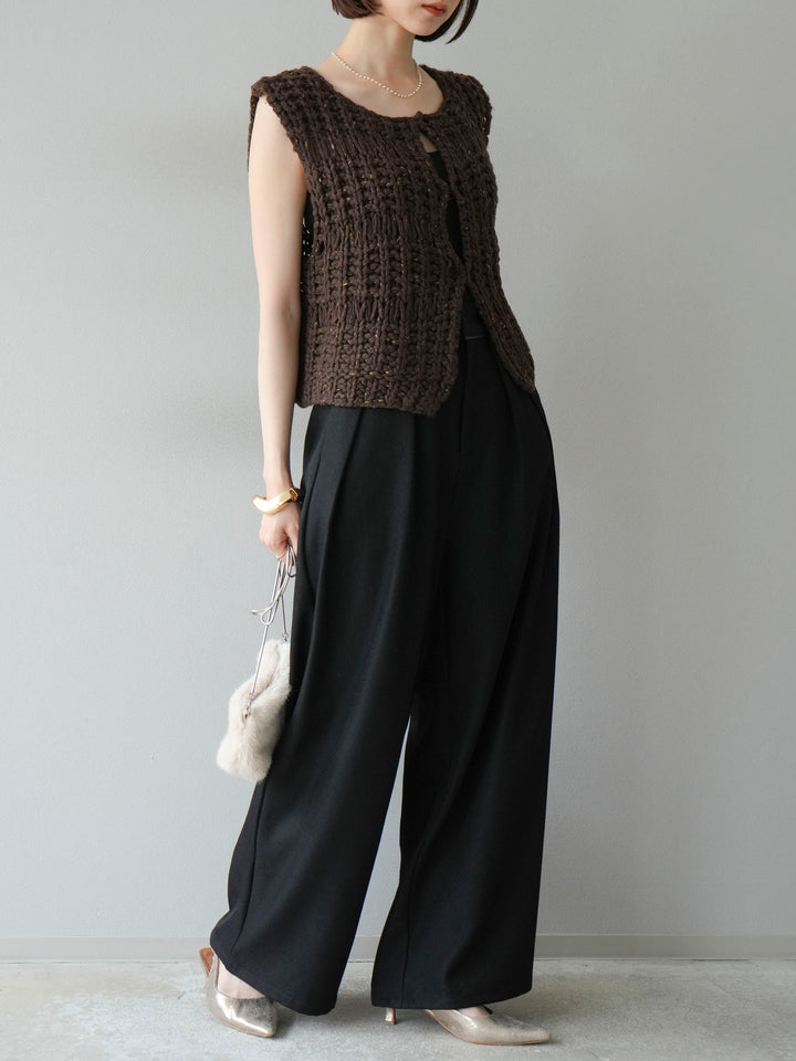 [予約]レザーパイピングタックワイドパンツ/ブラック