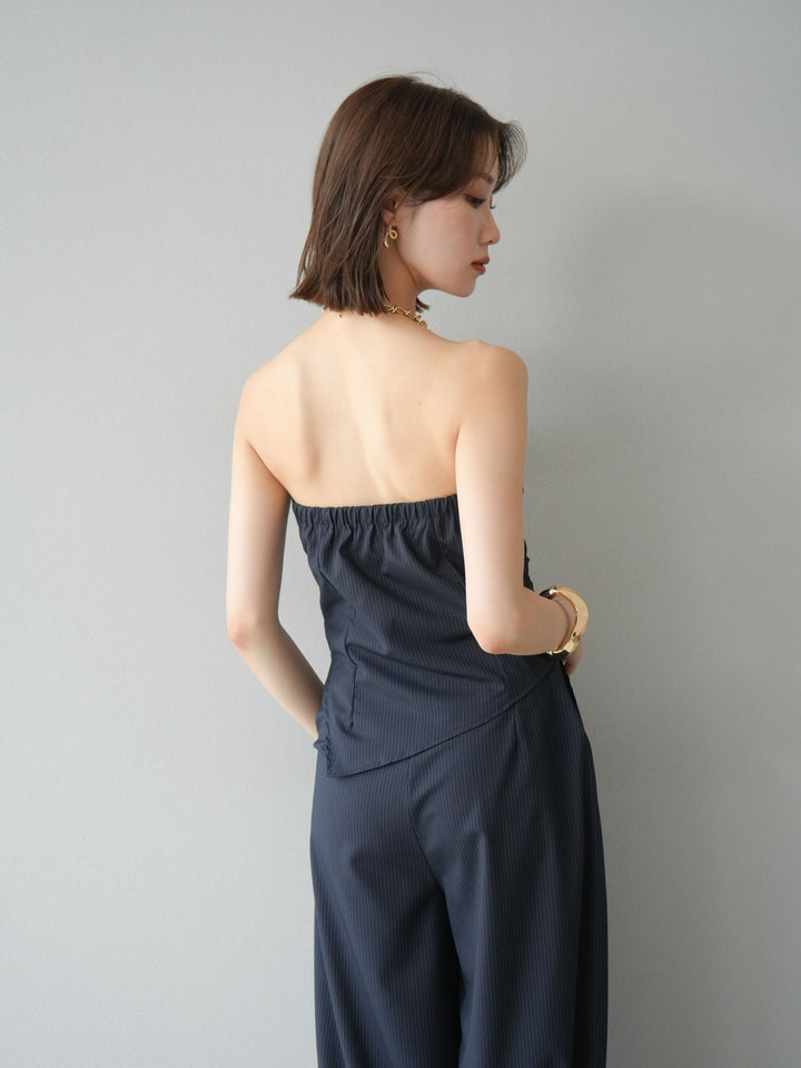 [SET] 條紋褶襉露肩上衣＆寬褲 SET UP (2set)