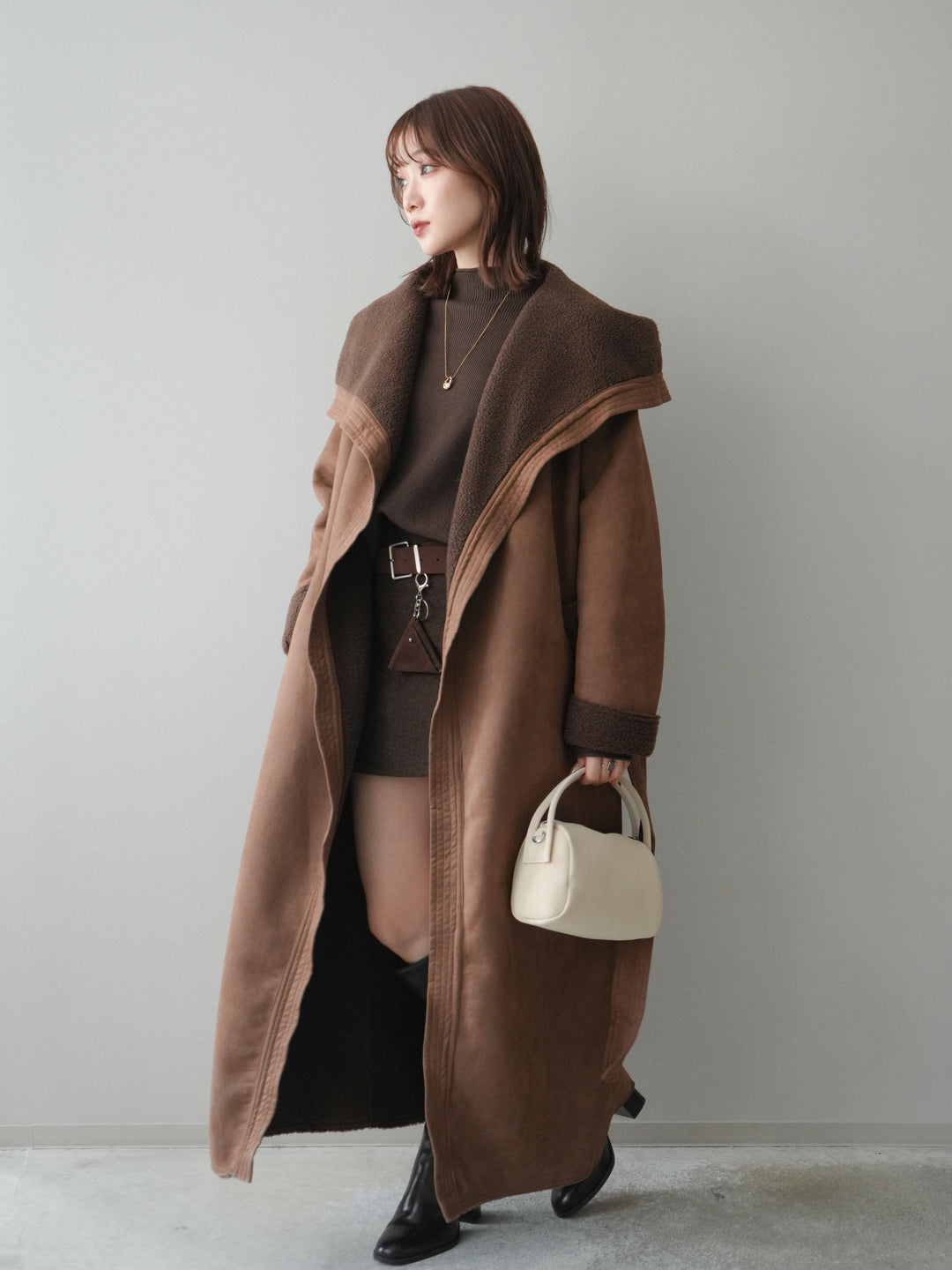 [予約]ウールタッチベルト付ミニスカート/brown