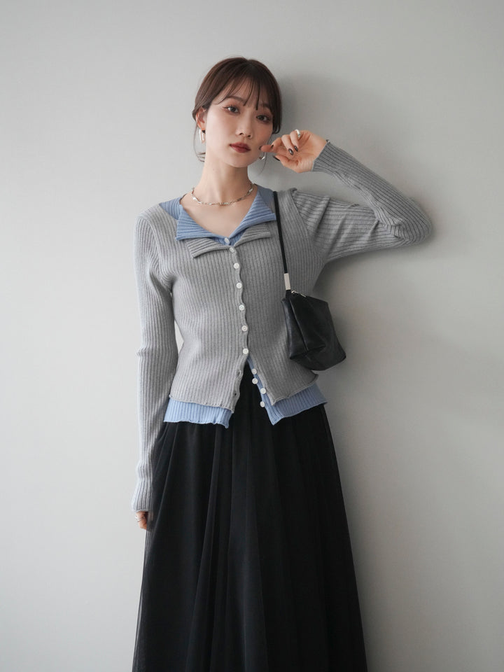 [予約]配色レイヤードリブニットカーディガン/gray