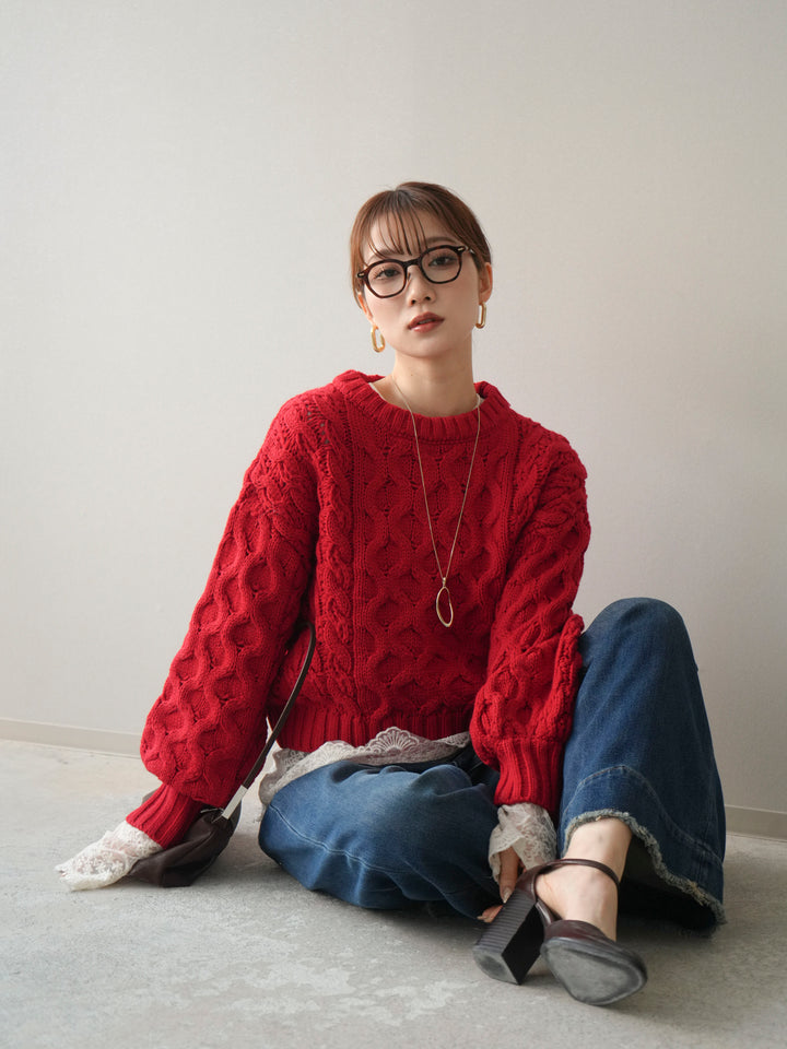 [予約]バルキーケーブルクロップドニットプルオーバー/red