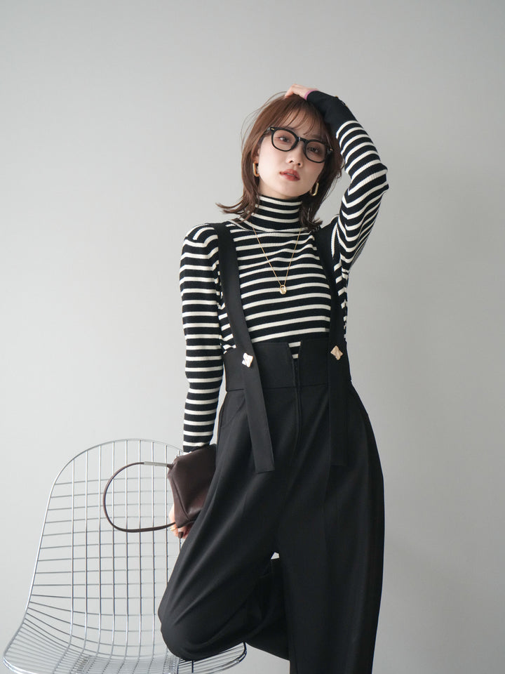 [予約]袖配色ハイネックボーダーリブニットトップス/blackborderpink