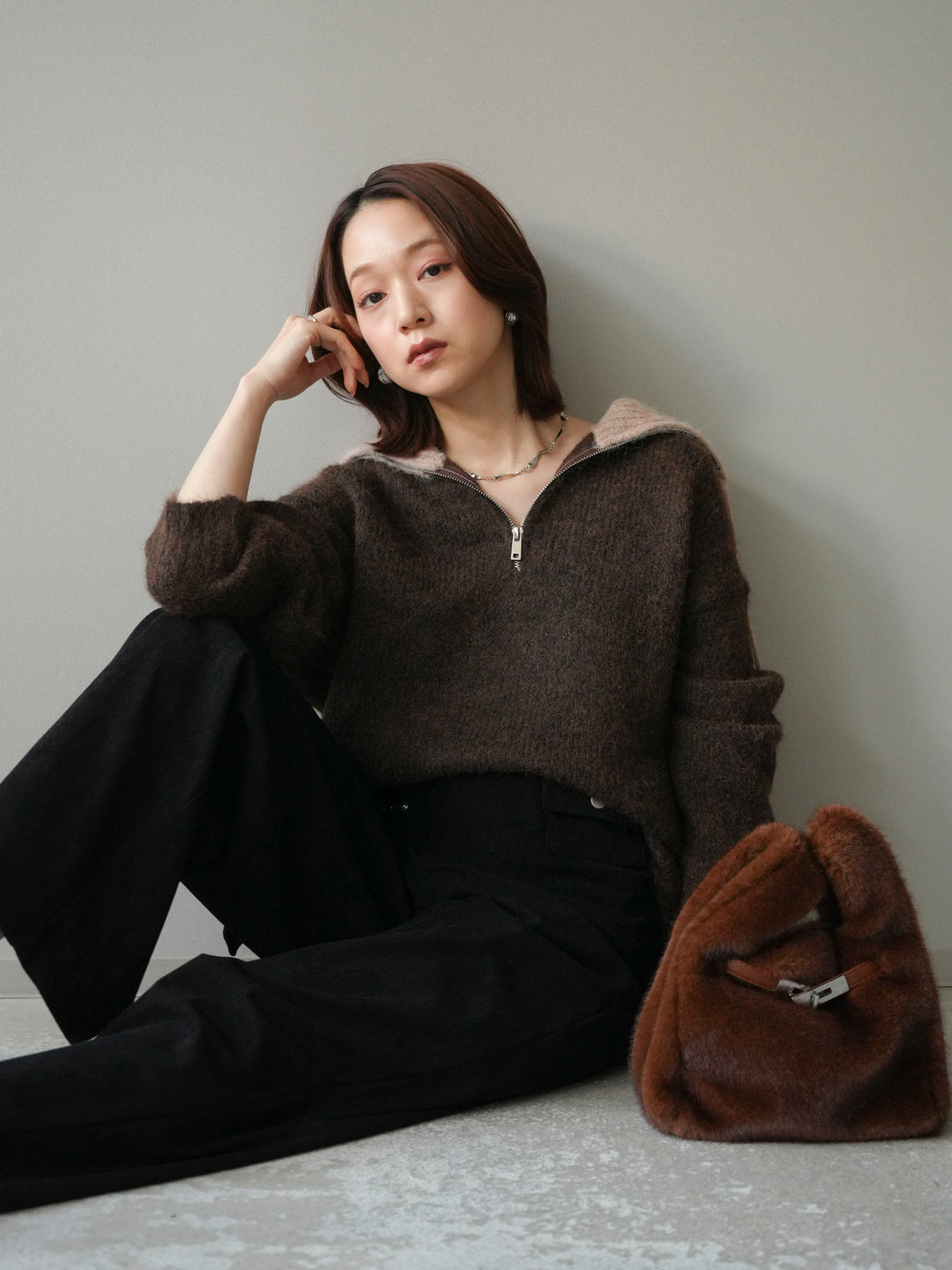 [予約]バイカラージップニットプルオーバー/brown