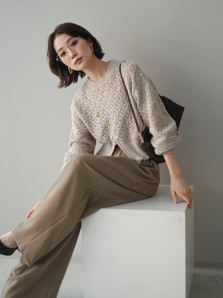 [予約]透かし編みフロントジップスリットニットプルオーバー/lightbeige