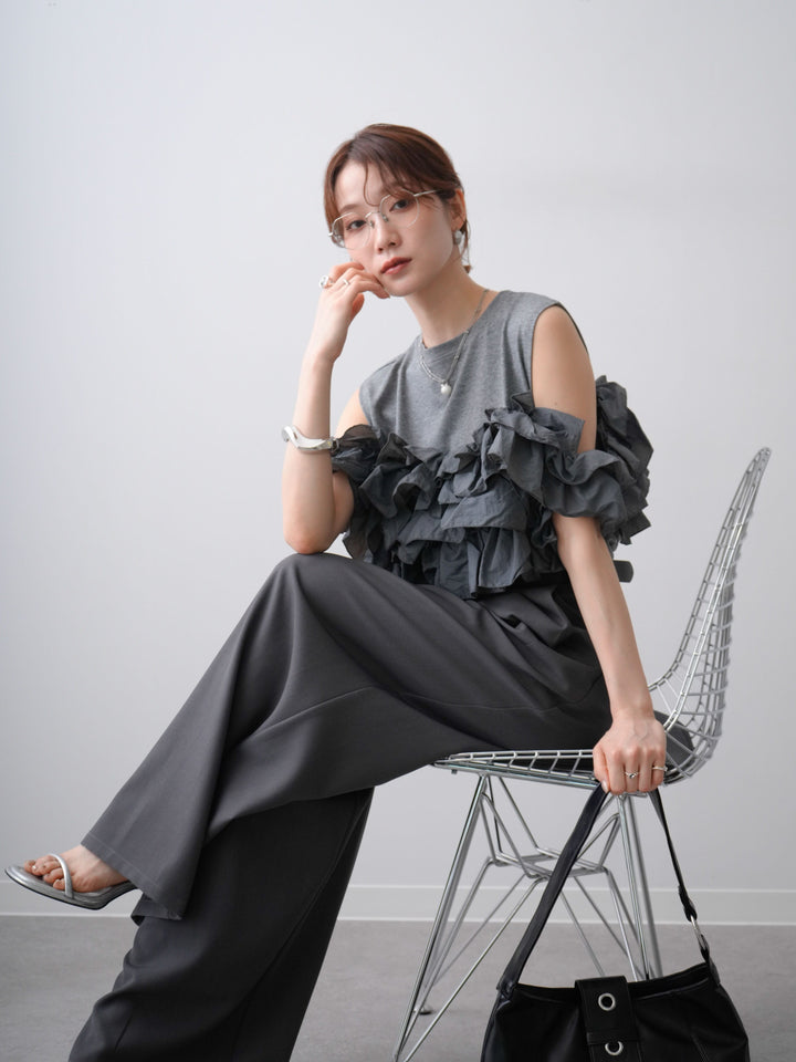 [SET]フリルドッキングノースリカットソー+ベルトループデザインワイドパンツ(2set)