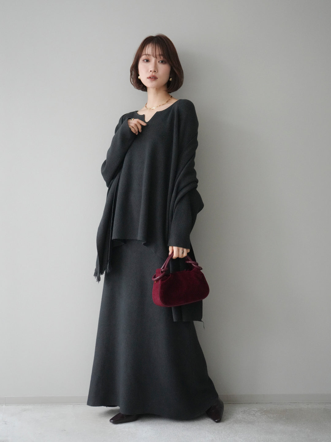 [SET]ストール付キーネックニットSET UP