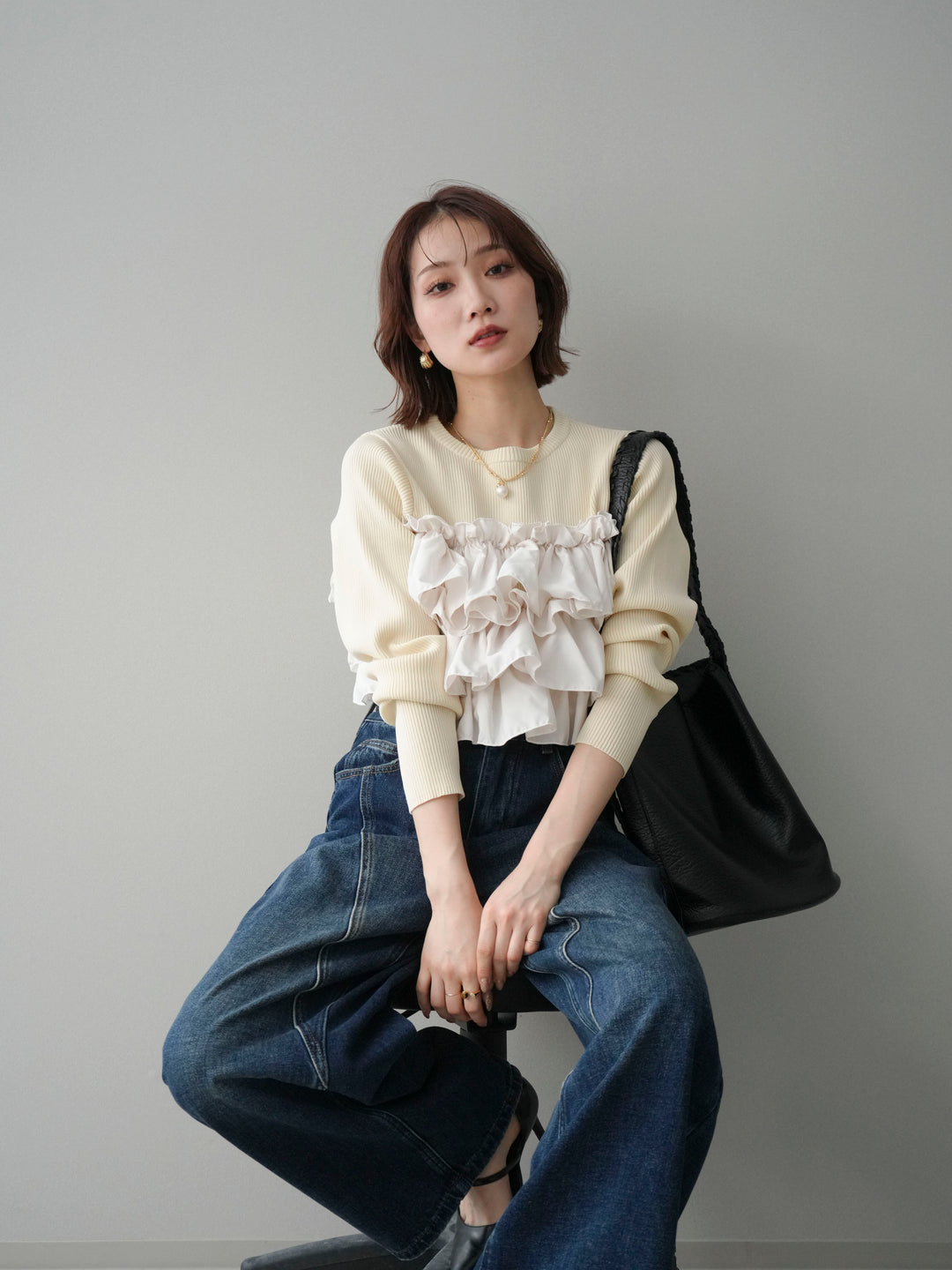 [SET]フリルビスチェドッキングスポンジニットプルオーバー+フリルビスチェドッキングスポンジニットプルオーバー(2set)