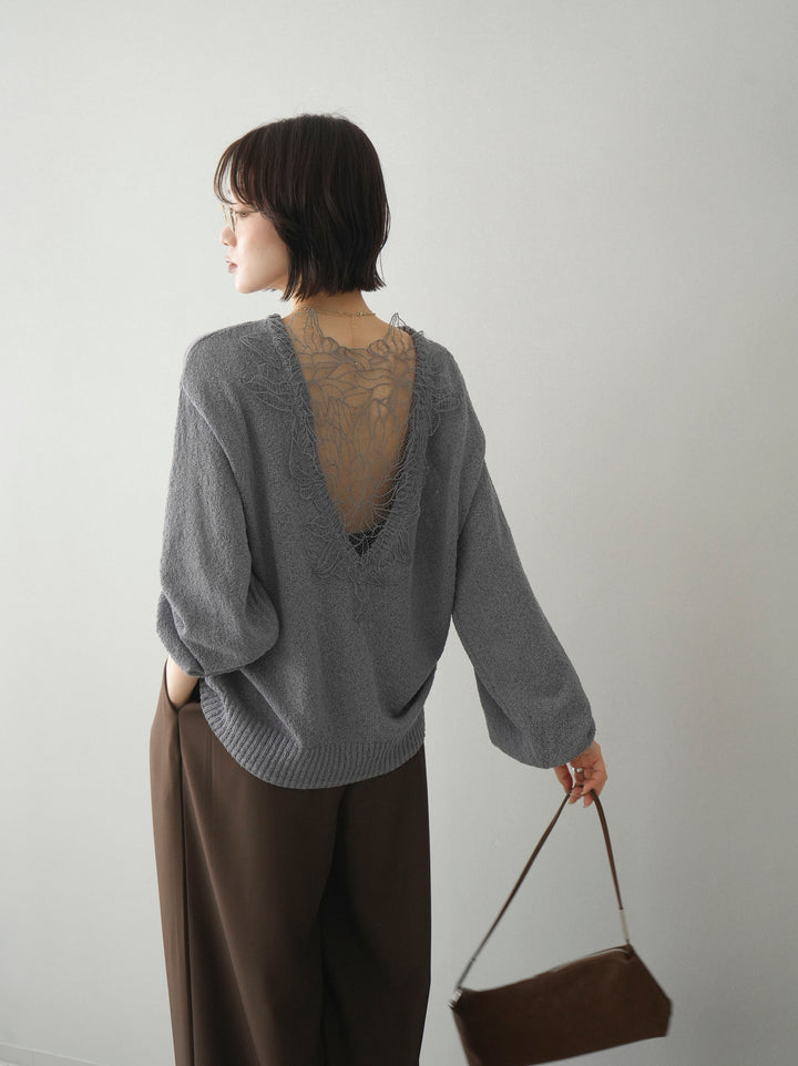 [予約]バックシアーフラワーレースニットプルオーバー/gray