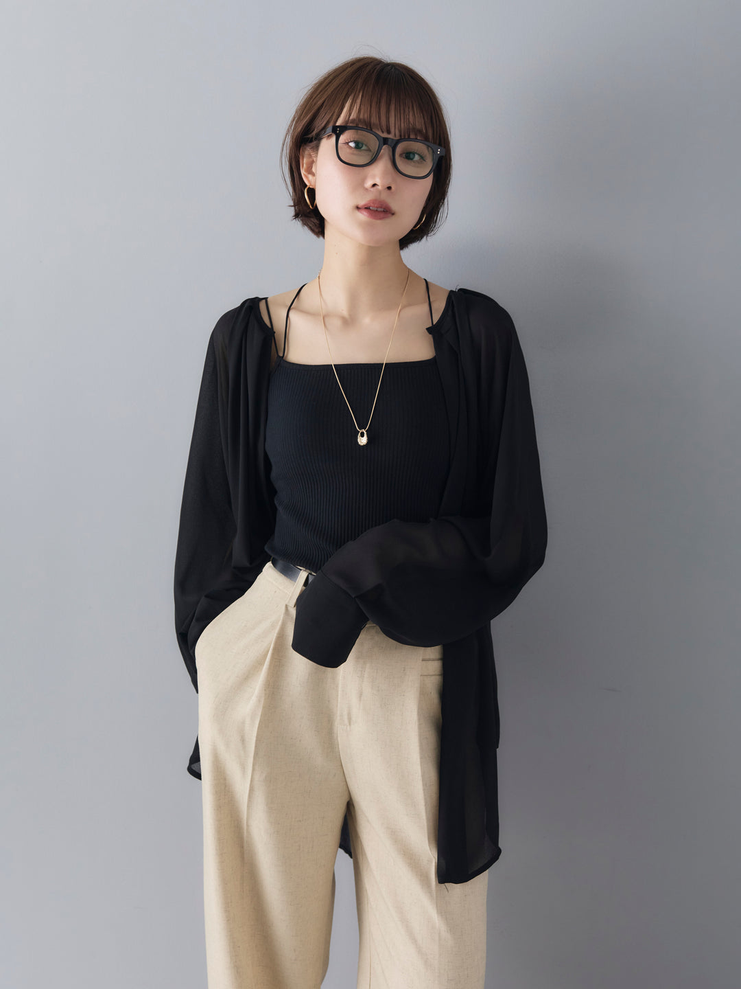 [Pre-order] Sheer No-Collar 2-Way LS Blouse/Black