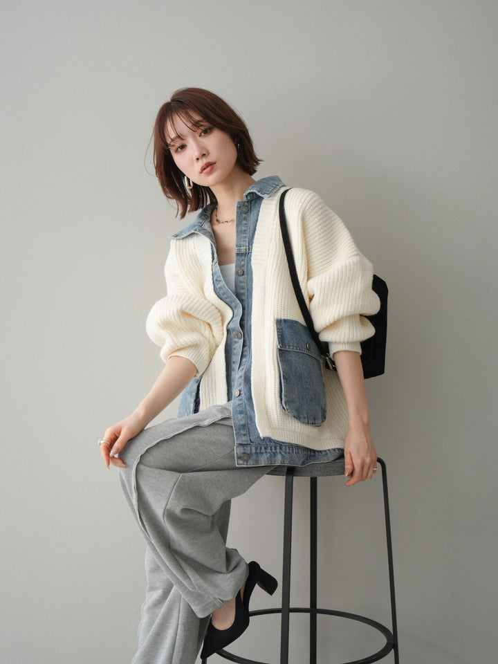 [SET]デニムドッキングオーバーニットジャケット+2WAYデザインスウェットパンツ(2set)