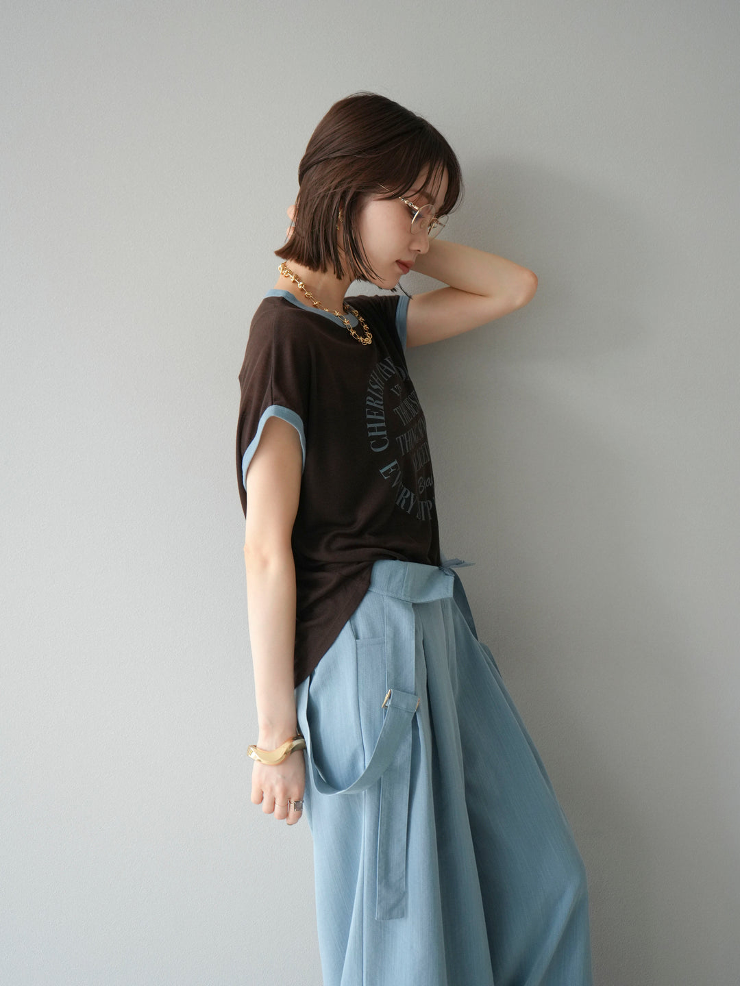 [SET]ストリングデザインハイウエストサロペット+シアーフライス ロゴプリントT (2set)