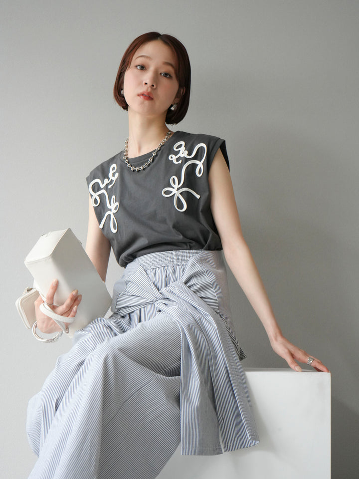 [SET]コード刺繍フレンチスリーブTシャツ+ウエスト巻きストライプイージーパンツ(2set)