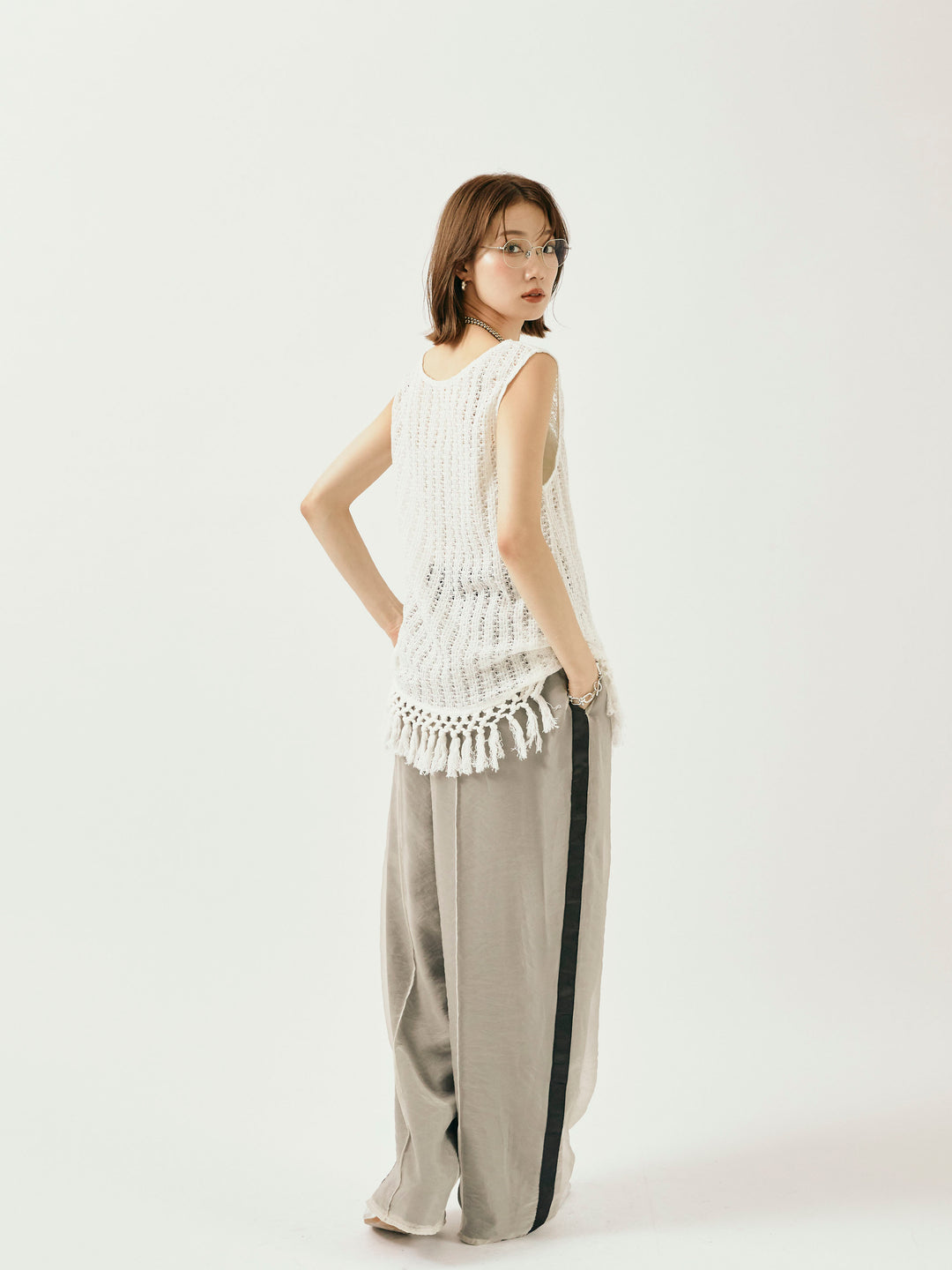 [予約]オーガンジーレイヤードサイドラインパンツ/グレージュ