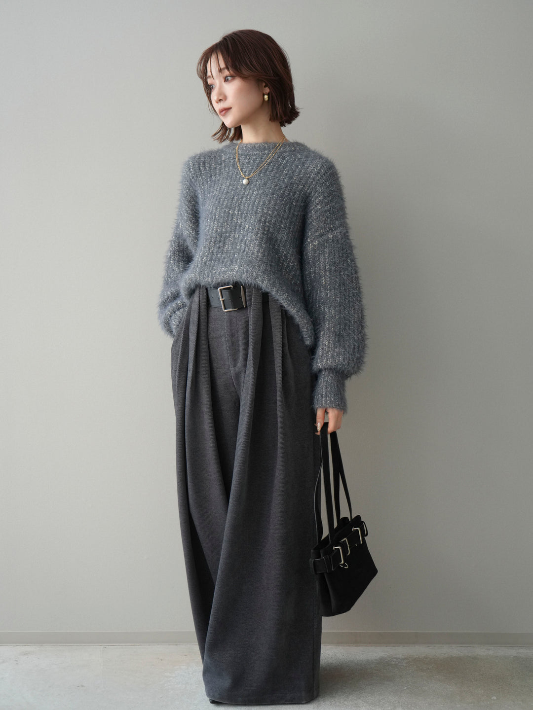 [SET]ボリュームスリーブシャギー MIXニットプルオーバー+ベルトデザインループコールテンワイドパンツ(ベルト付き)(2set)
