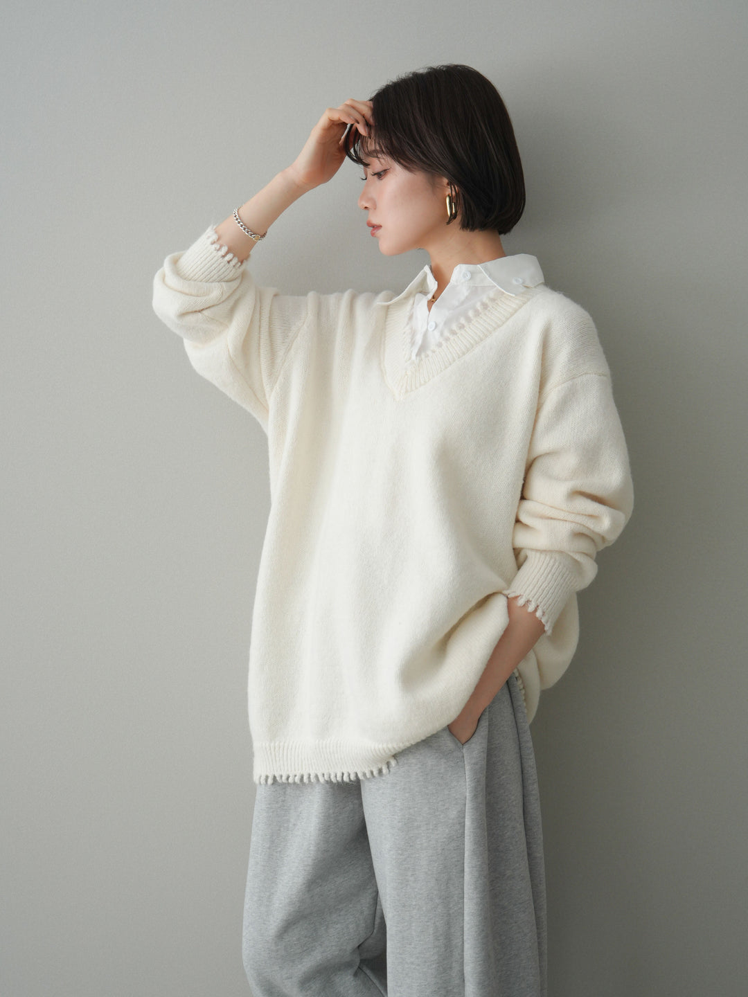 [SET]シャツドッキングVネックフリンジニットプルオーバー+選べるアクセセット(2set)