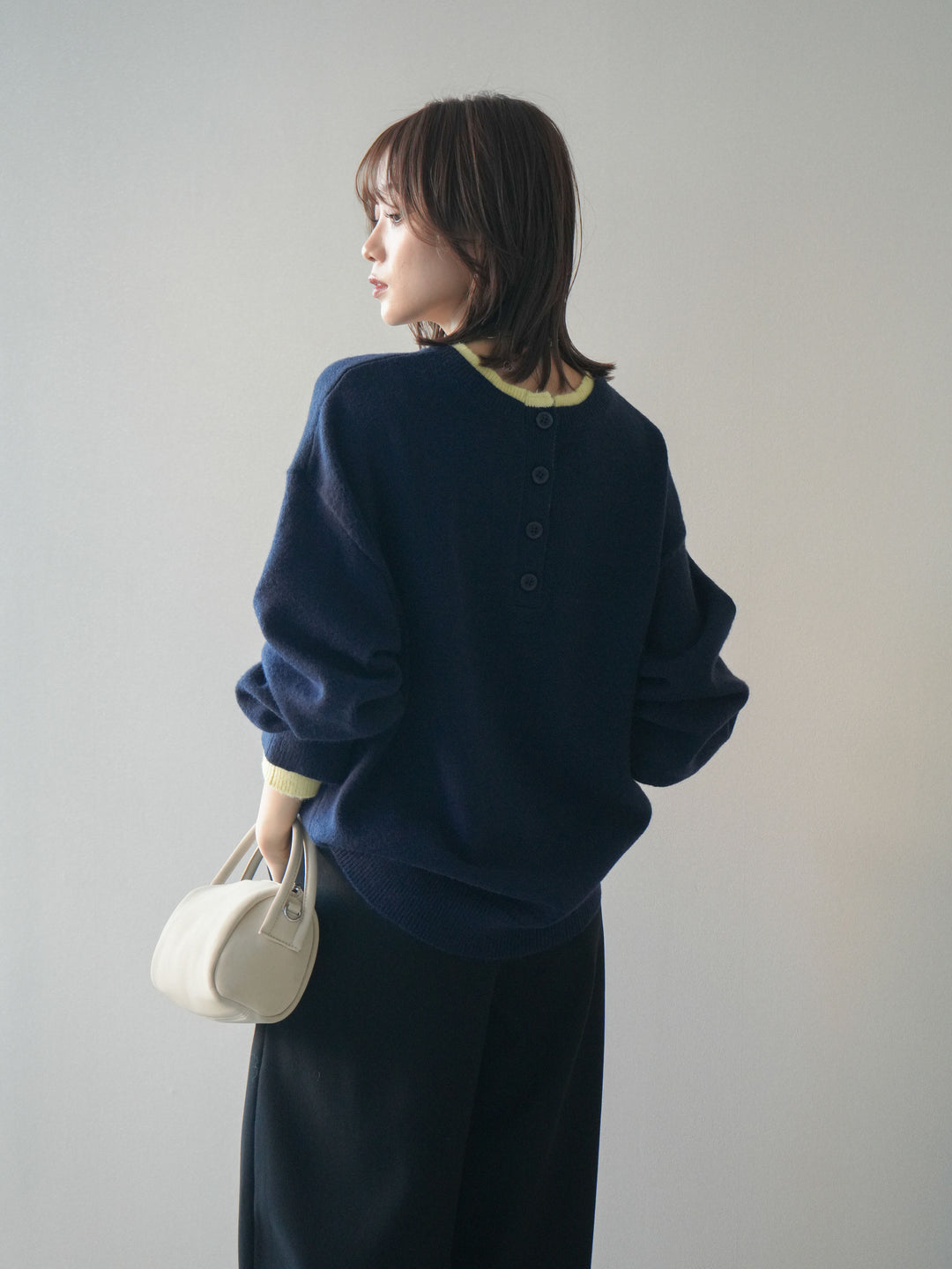 [予約]ヘンリーネック配色レイヤードニットプルオーバー/navy