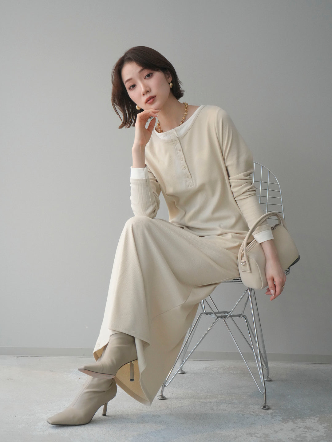 [予約]配色レイヤードヘンリーネックカットリブワンピース/ivory