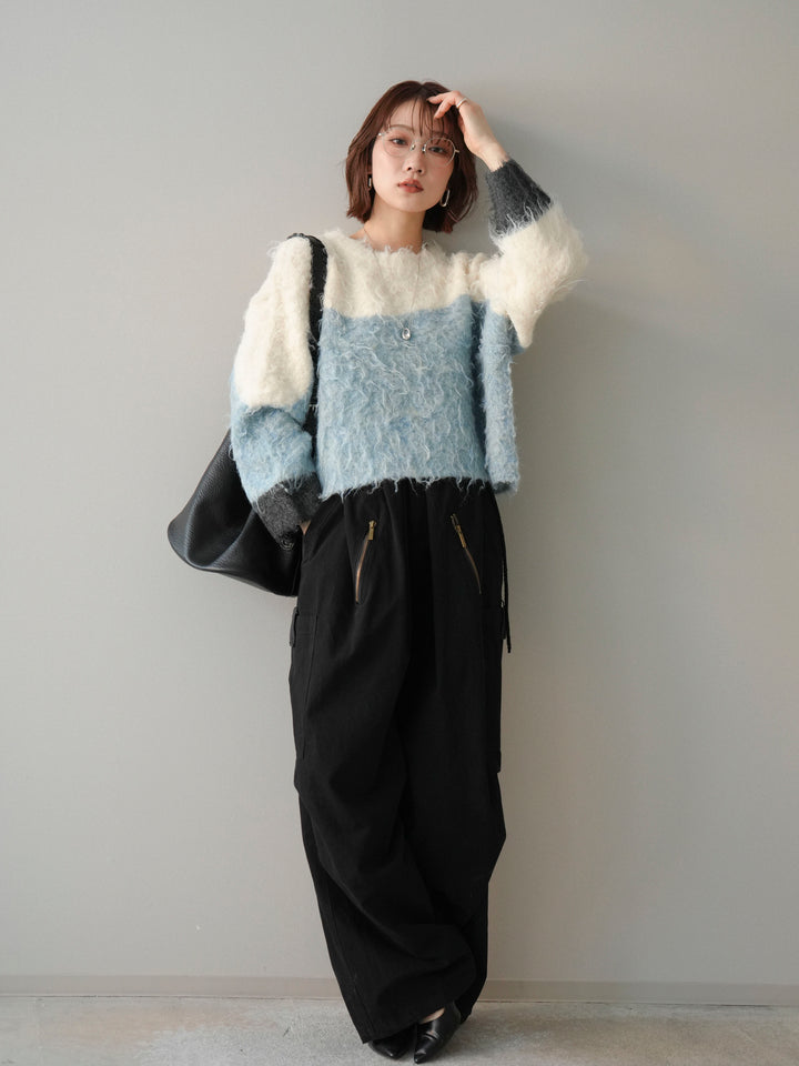 [SET]バイカラーモヘアタッチニットプルオーバー+コットンタックループパンツ(2set)