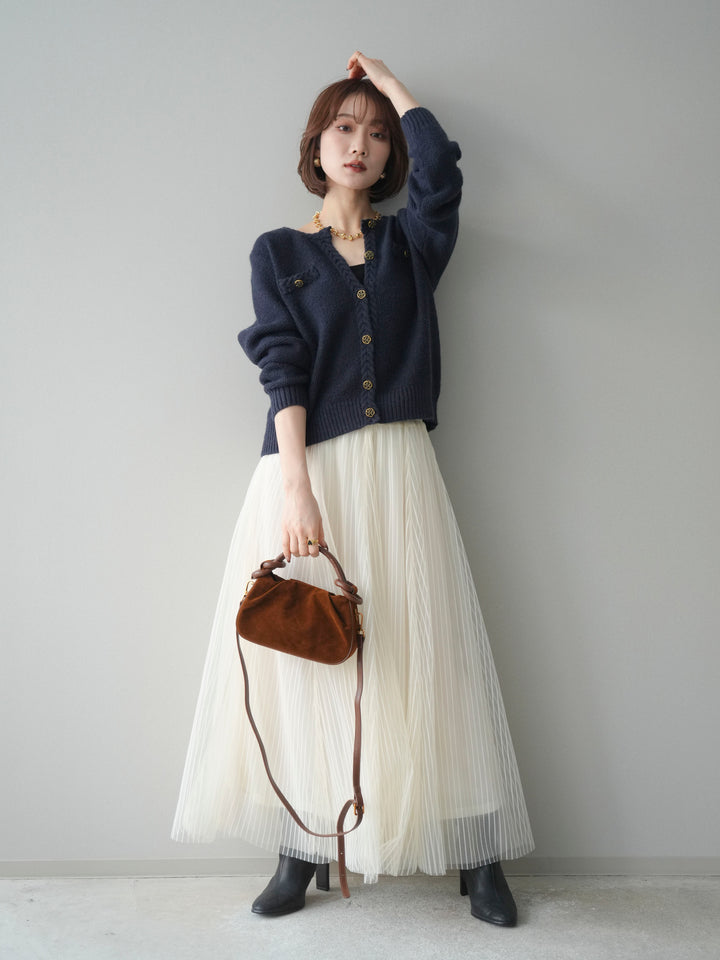 [SET]編みこみアンティークボタンニットカーディガン+チュールストライプボリュームスカート(2set)