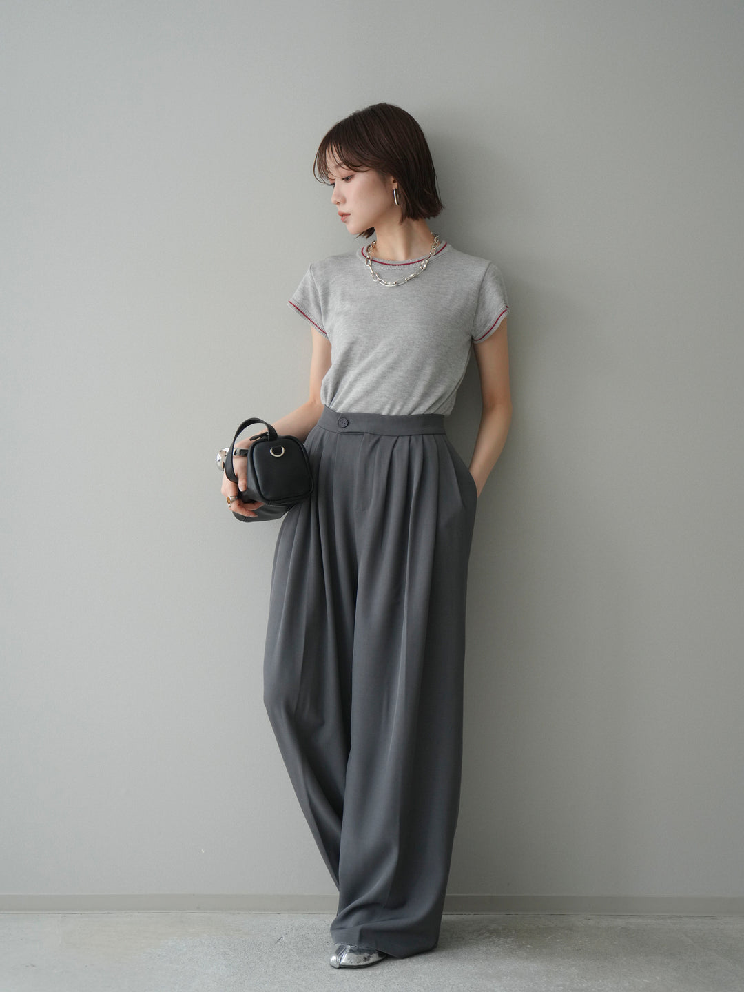 [SET]配色ハーフスリーブニットトップス+メニータックワイドパンツ(2set)