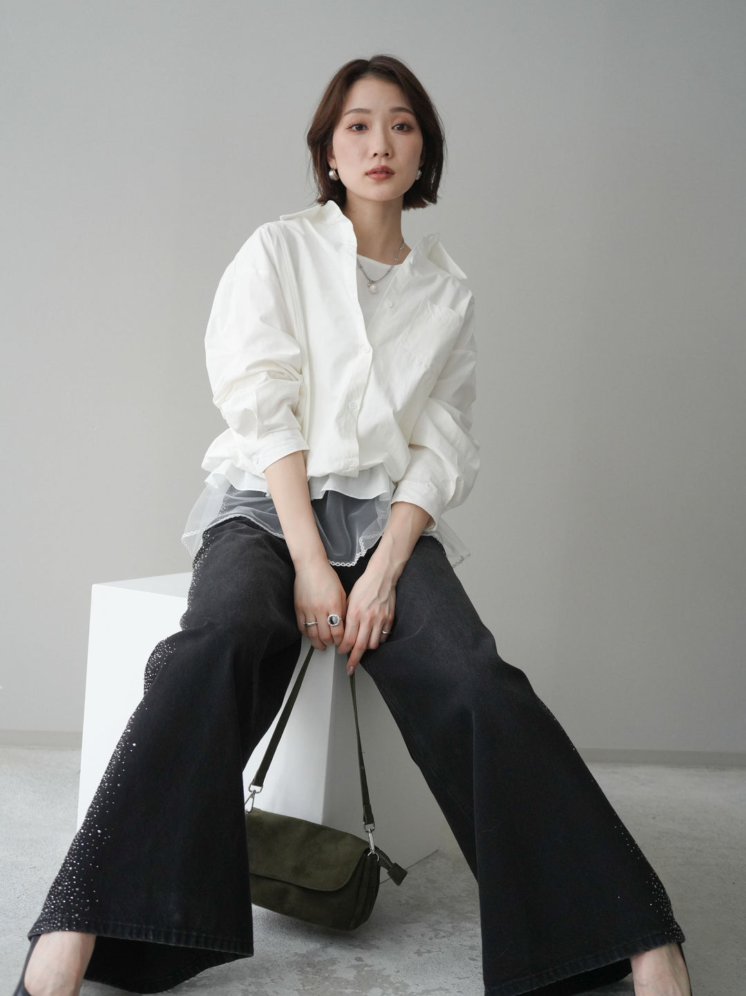 [予約]裾チュールノースリーブカットソー＆シャツドッキングトップス/white