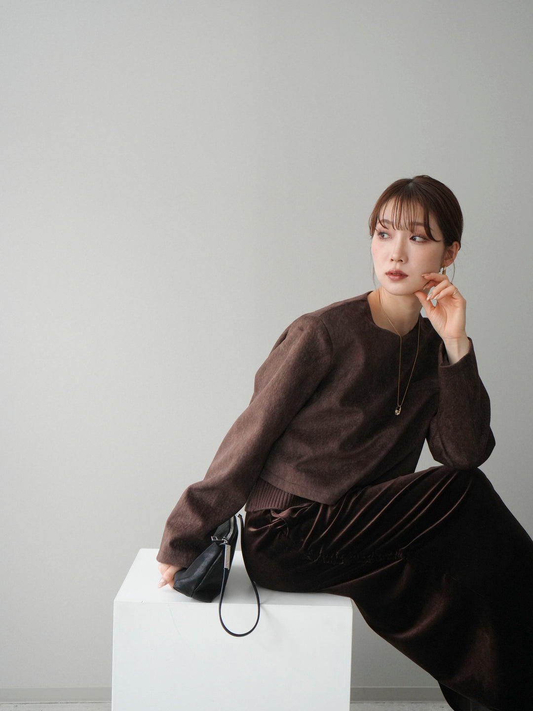 [予約]リブニットレイヤードスエードプルオーバー/brown