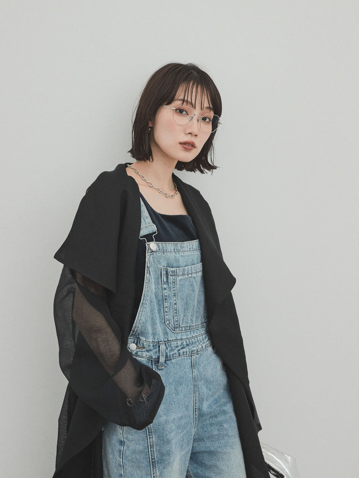 [SET] 中縫牛仔背帶褲 + 透視長版外套（2 件組）