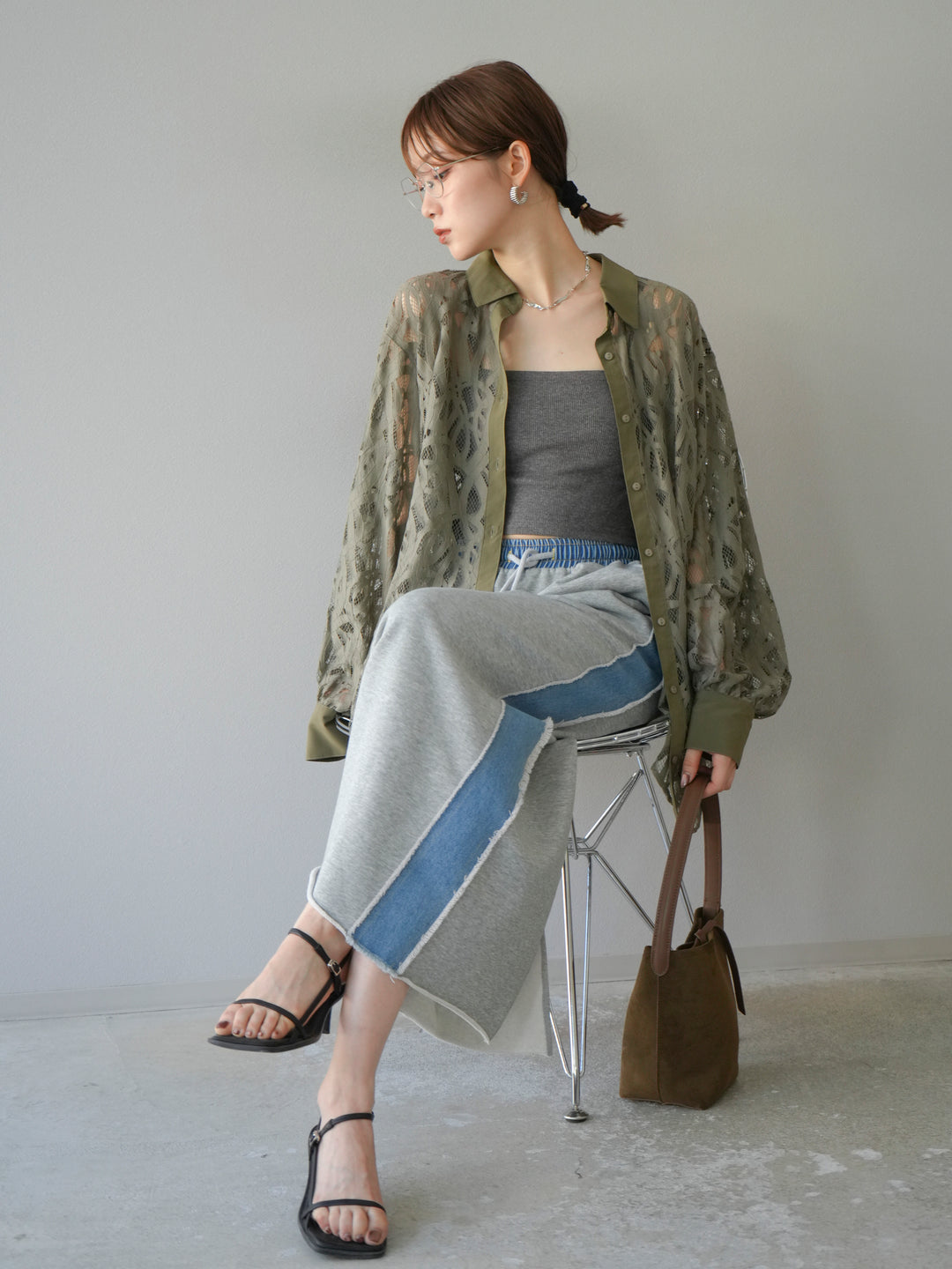 [SET]コードレースオーバーシャツ+デニムドッキングスウェットスカート(2set)