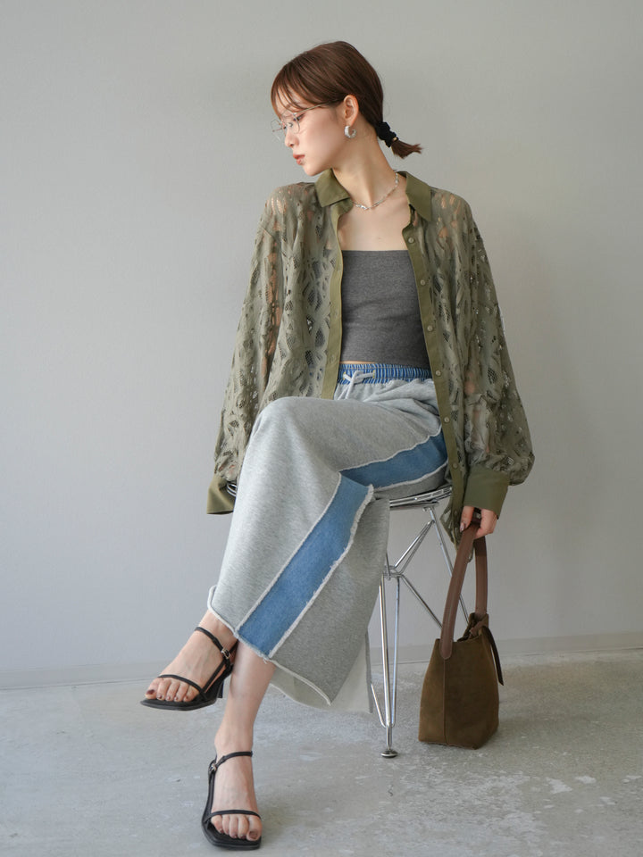 [SET]コードレースオーバーシャツ+デニムドッキングスウェットスカート(2set)